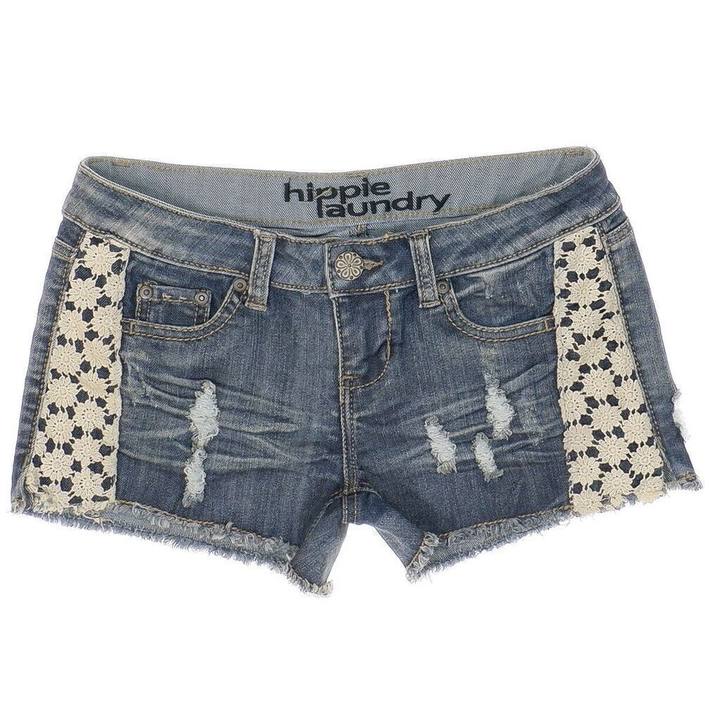 Hippie Laundry Shorts Size 3 Juniors Distressed Crochet Blue Denim Measures W28